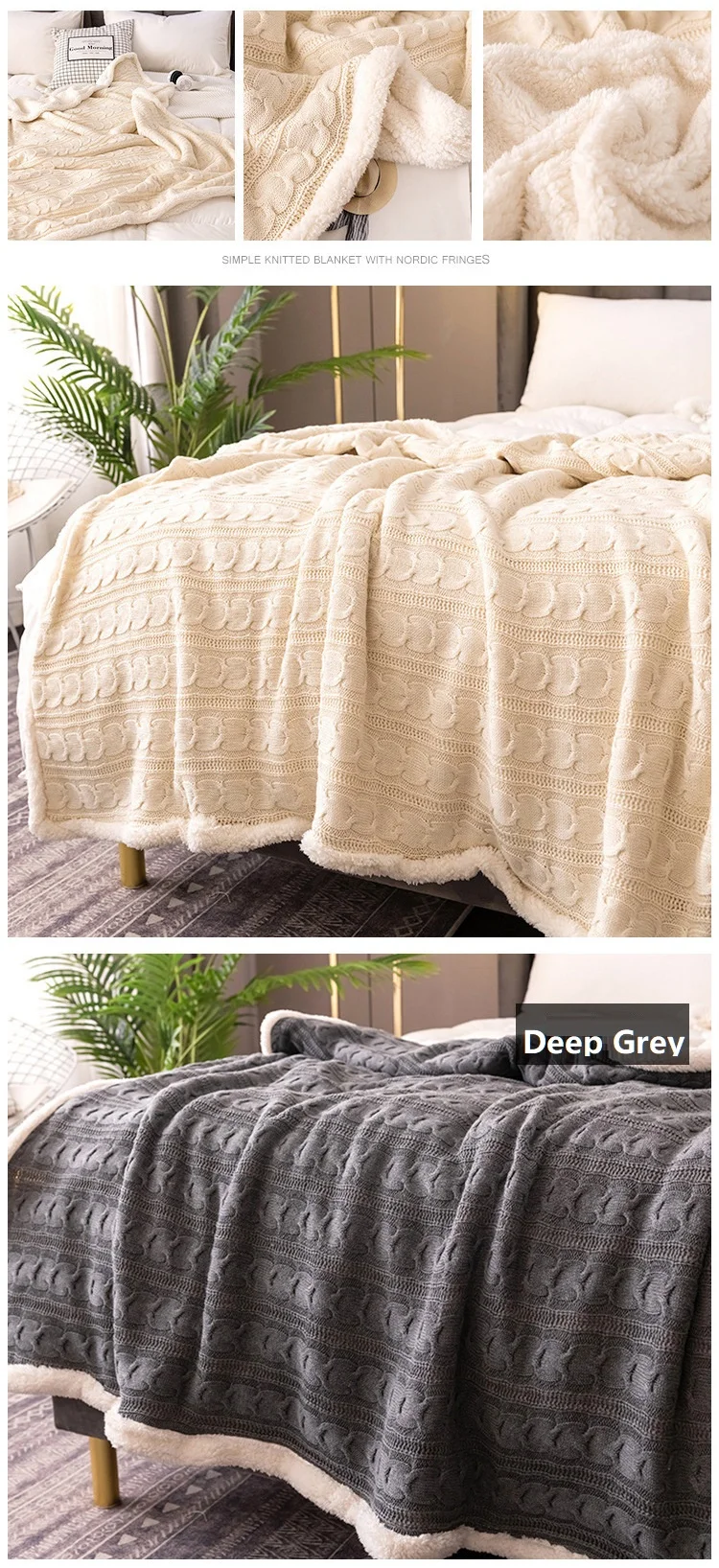 Nordic Künstliche Lamm Gestrickte Decke für Winter Warme Gemütliche Zopfmuster Faden Decken Für Bett Sofa Abdeckung Überwurf Tagesdecke Auf Bett – Detail 2