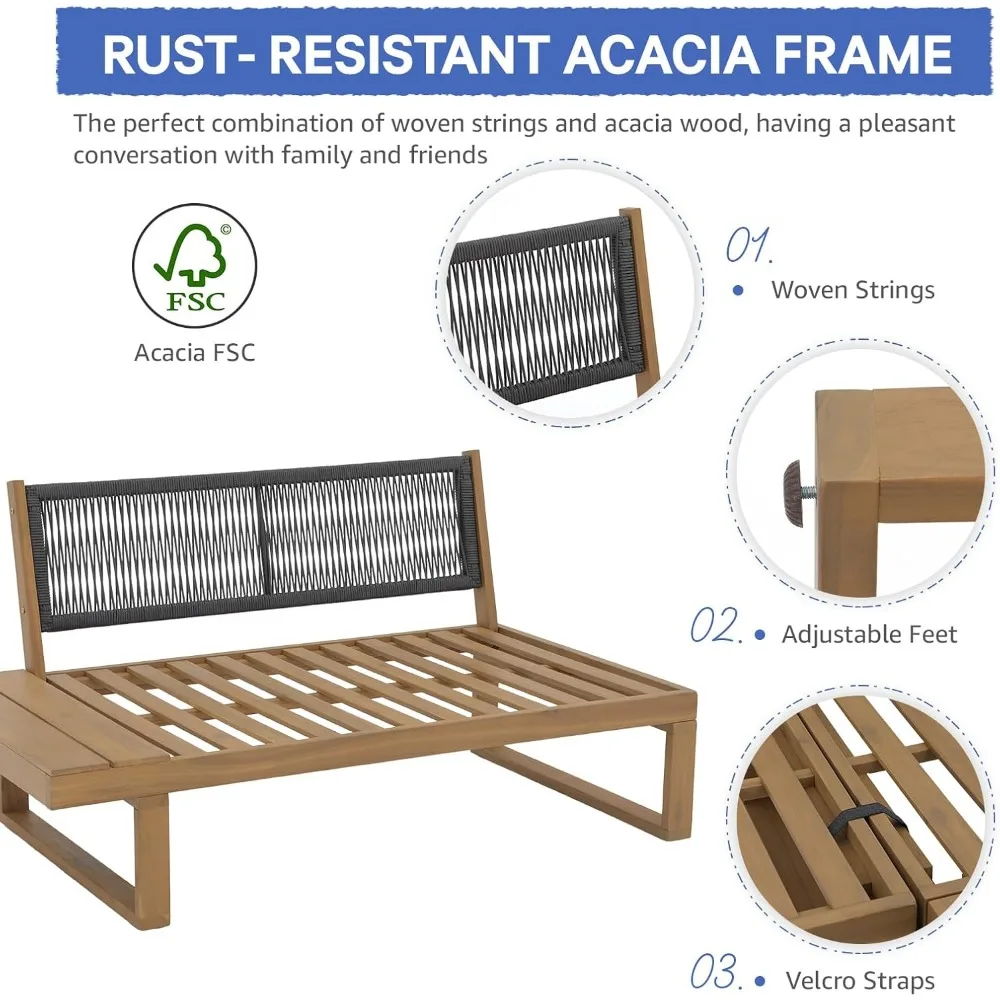 4 Piece Acacia Wood L-Shaped Outdoor Sectional Sofa Set with Built-in Side Table and Cream White Cushions, Conversation Set 3