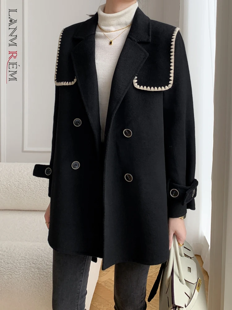 

LANMREM Fashion Woolen Coat Women Contrast Color Lapel Belt Double Breasted Clothing Korean Style 2023 Winter New 2AA2876