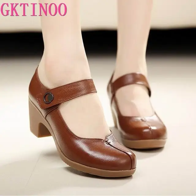 GKTINOO Spring Leather Women's Pumps: Leather, Round Toe