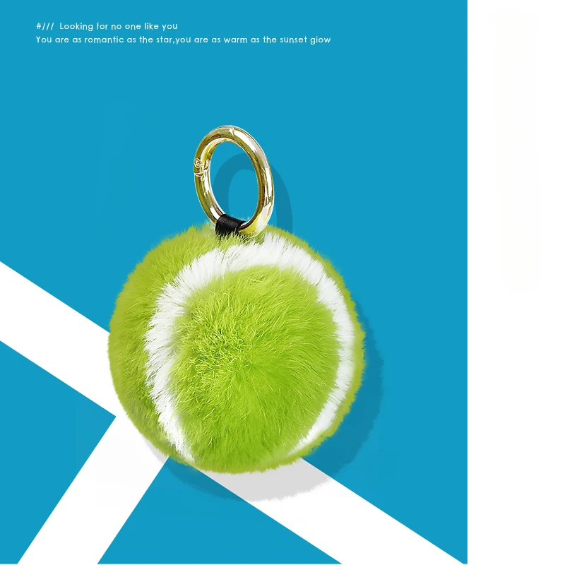

Cute Tennis Real Rabbit Fur Tennis Car Keychain Pendant Plush Ball Bag Charm School Bag Hanging Ornaments for Girl'S Gift New