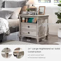24'' Farmhouse End Table w/4 Solid Wood Feet, Large 2 Drawers Wide Sofa Side Table with Charging Station, Tall Rustic Wood Squa 2