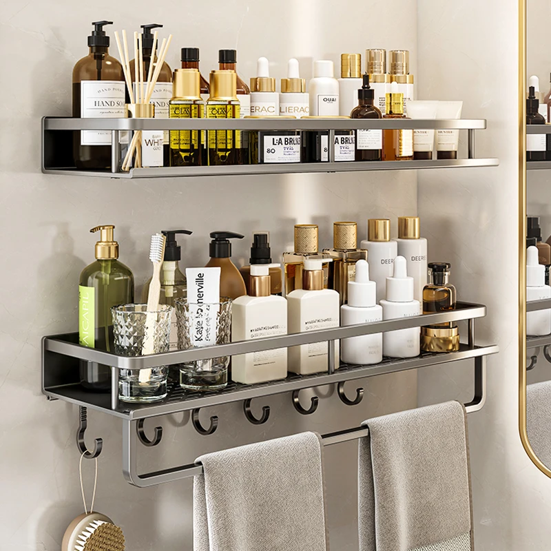 Bathroom Gun Grey Shelf with Towel Bar Space Aluminum Corner Shelves Towel Rack Shampoo Holder ...
