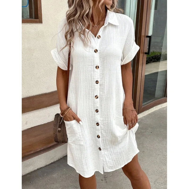 Summer New Minimalist Lapel Button Cotton Linen Dress with Pockets for Women's Fashionable Casual Shirt Skirt 739