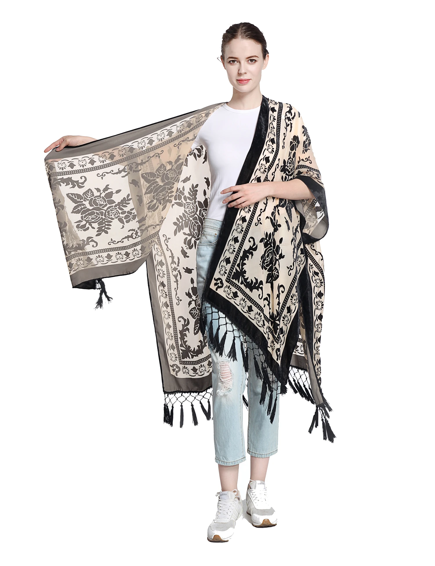 WeHello Women's Burnout Velvet Kimono Bohemian Long Cardigan with Tassel Beach Cover-up Holiday Casual Cardigan Shawl JYPF-1 5
