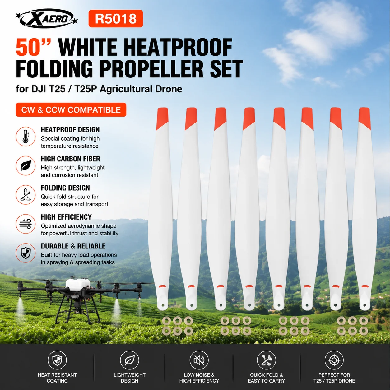 XAERO R5018 50 Zoll weißes hitzebeständiges Propellerset für DJI T25 T25P, Hochkarbon-Sprühblatt CW CCW