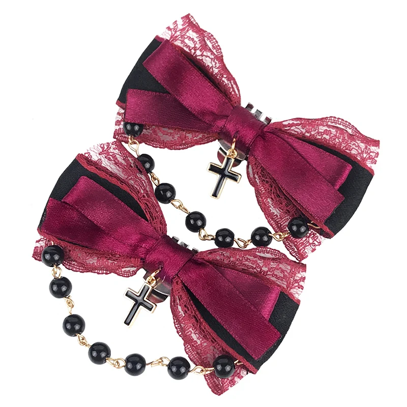 Wine Red Shoe Clip Ladies Retro Gothic Style Handmade Lolita Bow Shoe Ornament Fashion Shoe Buckle