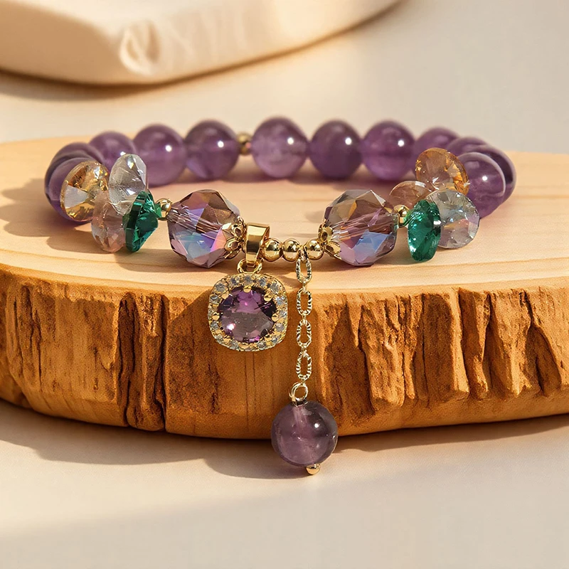 2 Bracciali In Ametista Naturale Con Ciondolo Farfalla, Pietre Vive Elastiche, Regalo Per Donna, Compleanno O Natale, Viola