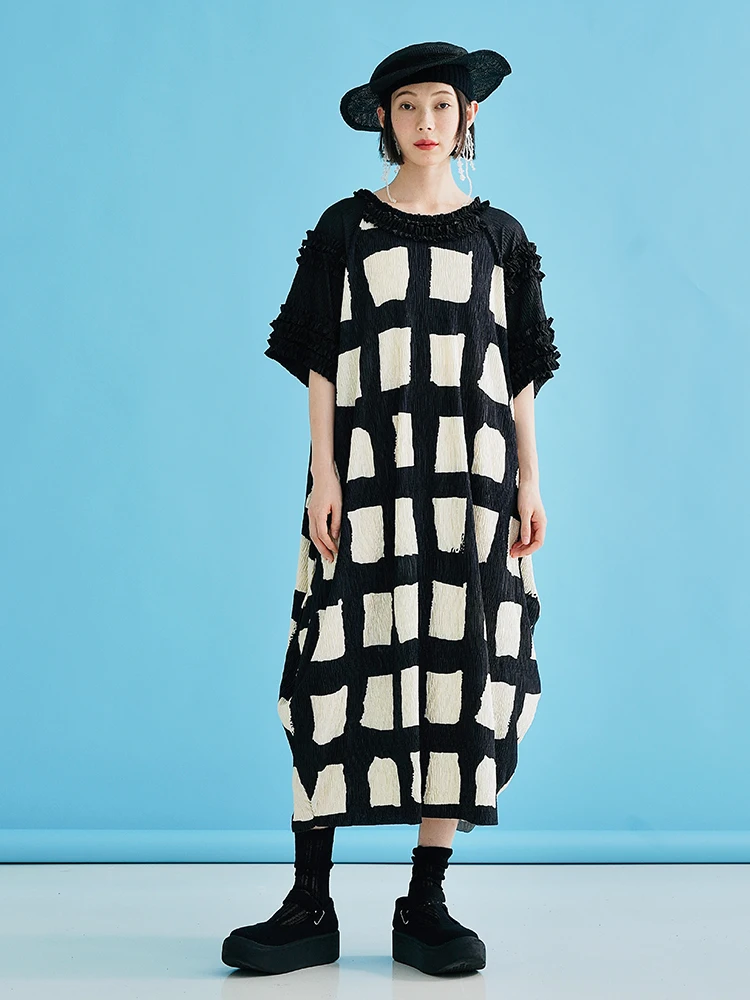 

imakokoni original summer heavy industry crumpled black and white checked dresses for women clothing fashion long dress 223692