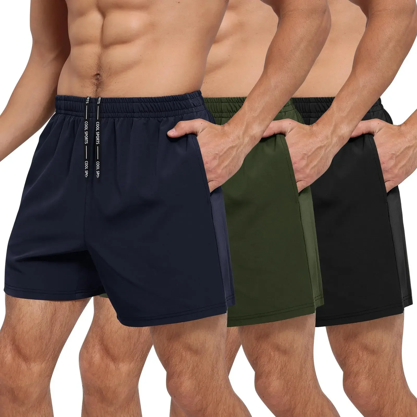 Men's Quick Dry Running Pants Casual Fitness Sports Shorts with Zipper Pockets Three-in-One Design Comfortable Breathable