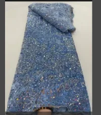 

New Arrival French Popular Embrordered 3D Flower Lace Elegant Beaded Afirca Mesh Fabric Lace With Sequins Party Evening Dress
