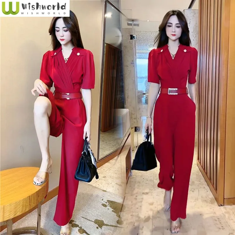 2023 Summer New Belt Decoration Chest Fold Short Sleeve Jumpsuit Loose Casual Wide Leg Pants One Piece Tight Clothing women s pants 2023 new hot selling fashion long sleeve cold shoulder tight decoration chain jumpsuit