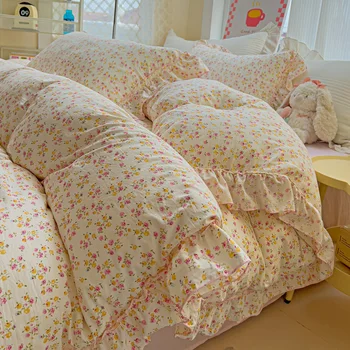 Parure de lit à volants floraux, Style princesse coréenne, en coton lavé, doux pour la peau, housse de couette, drap et taies d'oreiller, 3/4 pièces 1