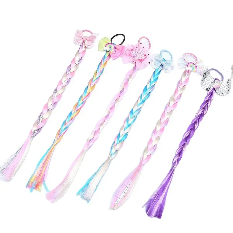 Cute Cartoon Children Colorful Rainbow Shells Wig Braids Hair Rope Princess Headdress Twisted Headwear for Kids Hair Accessories