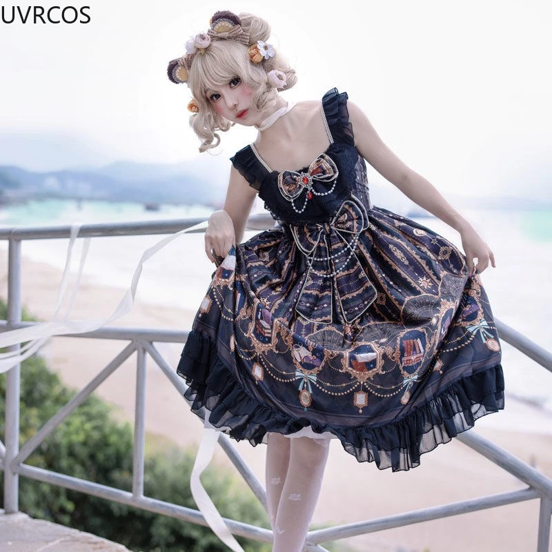 Victoria Vintage Gothic Lolita JSK Dress Women Sweet Star Bow Elegant Princess Sleeveless Dress Girly Party Black Strap Dresses lolita dress lolita suspender dress lolita cosplay costumes suspender dress