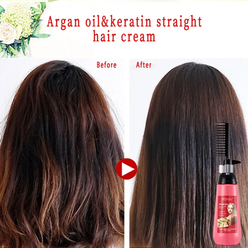 Hair Straightener Cream Herbal Keratin Straight Hair Cream Comb Professional Care Don't Hurt Effective Softener