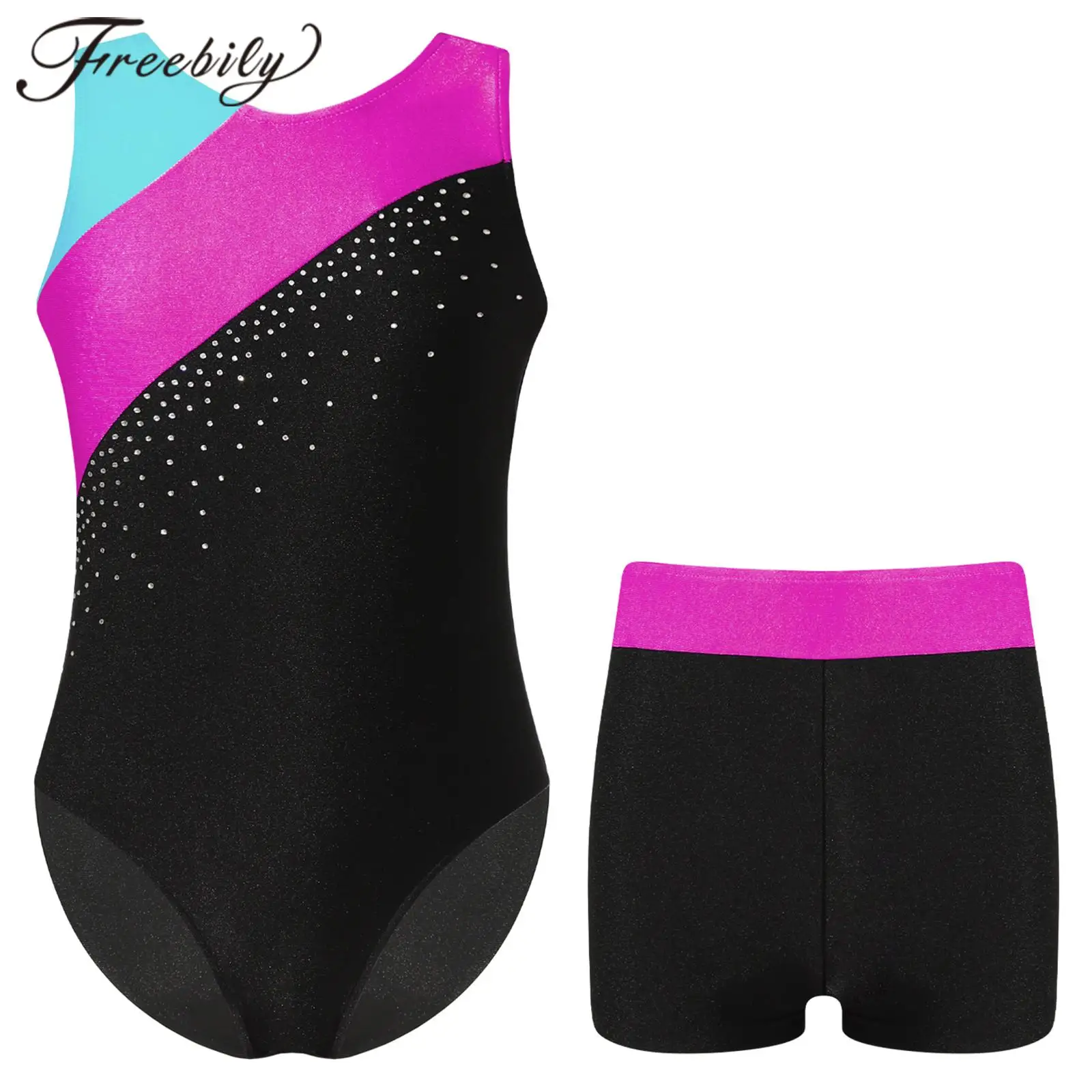 

Kids Girls Gymnastics Jumpsuit Sleeveless Skating Leotards with Shorts Dance Clothes Set Teens Exercise Ballet Tutu Bodysuit