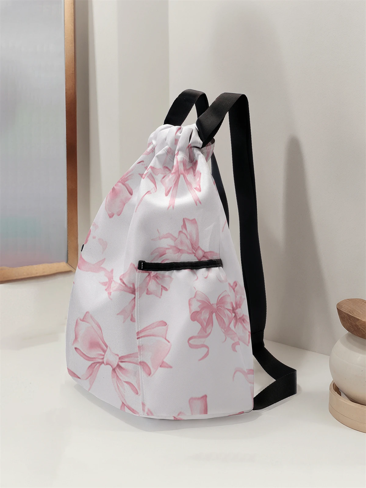 Bow Pattern Drawstring Backpack - Large Capacity Durable Fitness Bag, Adjustable Shoulder Straps, Sports Beach Backpack