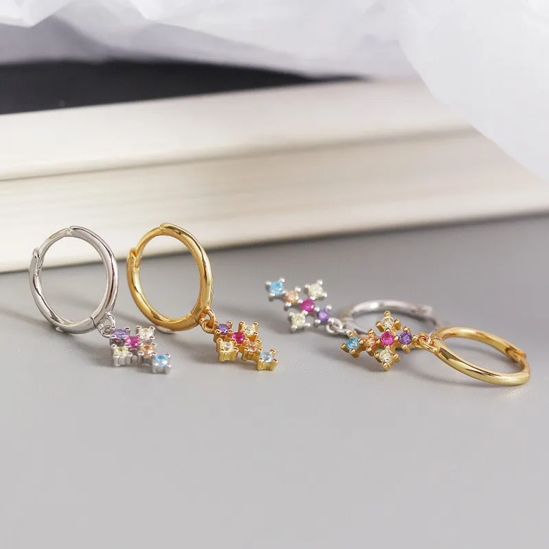 Elegant Cross Pendant Rainbow Zircon Hoop Earrings for Women 2025 New Fashion Hiphop Earring Party Jewelry Gifts