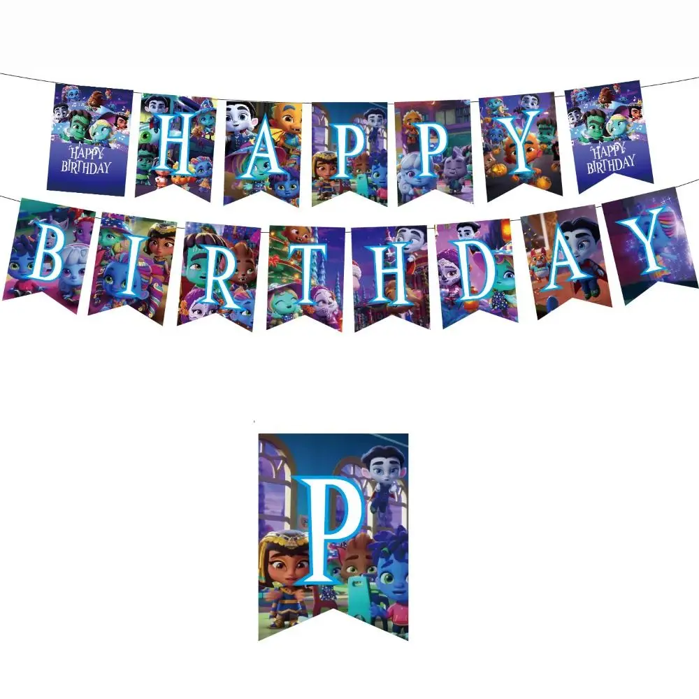 

1 Set Cartoon Party Decorative Atmosphere Layout Balloon Easy Use Cartoon Figure Flag Alien Banner Spiral Ornaments Paper Flag