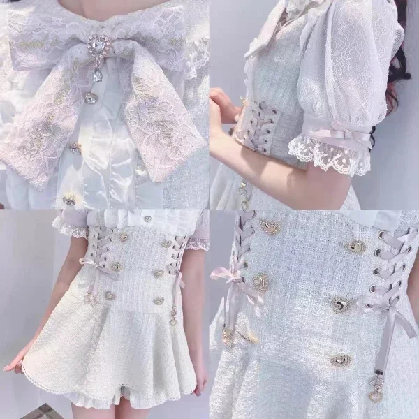 Japanese Mine Mass-Produced Short-Sleeve Shirt Dress Shorts Set Women Sweet Liz Doll Collar Bow Shirt Dress Two-Piece Suit 6