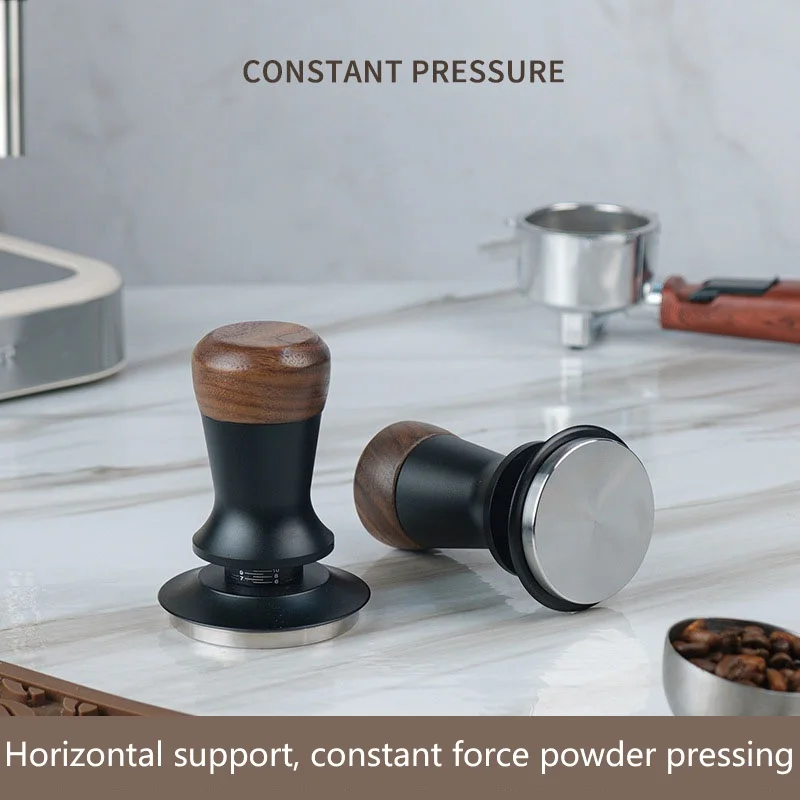 Espresso Coffee Tamper 51/53/58mm Walnut Adjustable Height Constant Force Stainless Steel Base Internal Spring