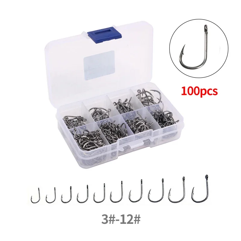 2050100pcsFishingHooksSetCarbonSteelSingleCircleFishingHook