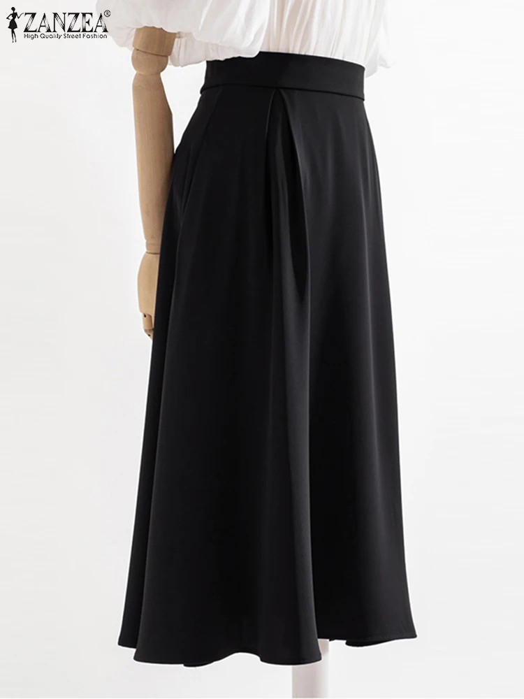 

ZANZEA Women Solid Color A-line Faldas Holiday High Waist Long Skirts Fashion Pleating Oversize Jupe Elegant Pocket Summer Skirt