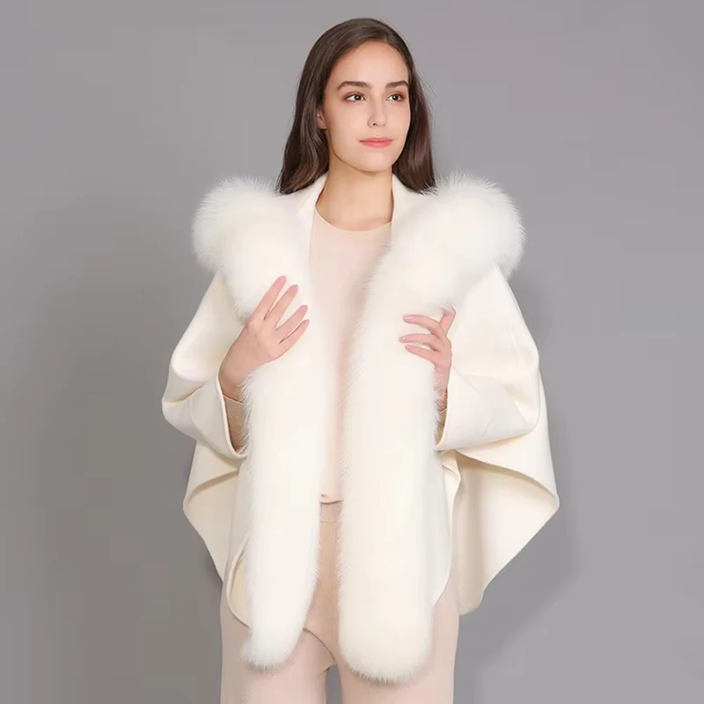 Women's wool coat with real fox fur - elegant front view for office wear