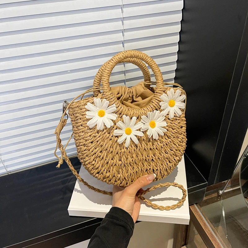 Women's Large Capacity Handwoven Daisy Straw Rattan Crossbody Shoulder Bag Hollow out Design Summer Beach Handbag