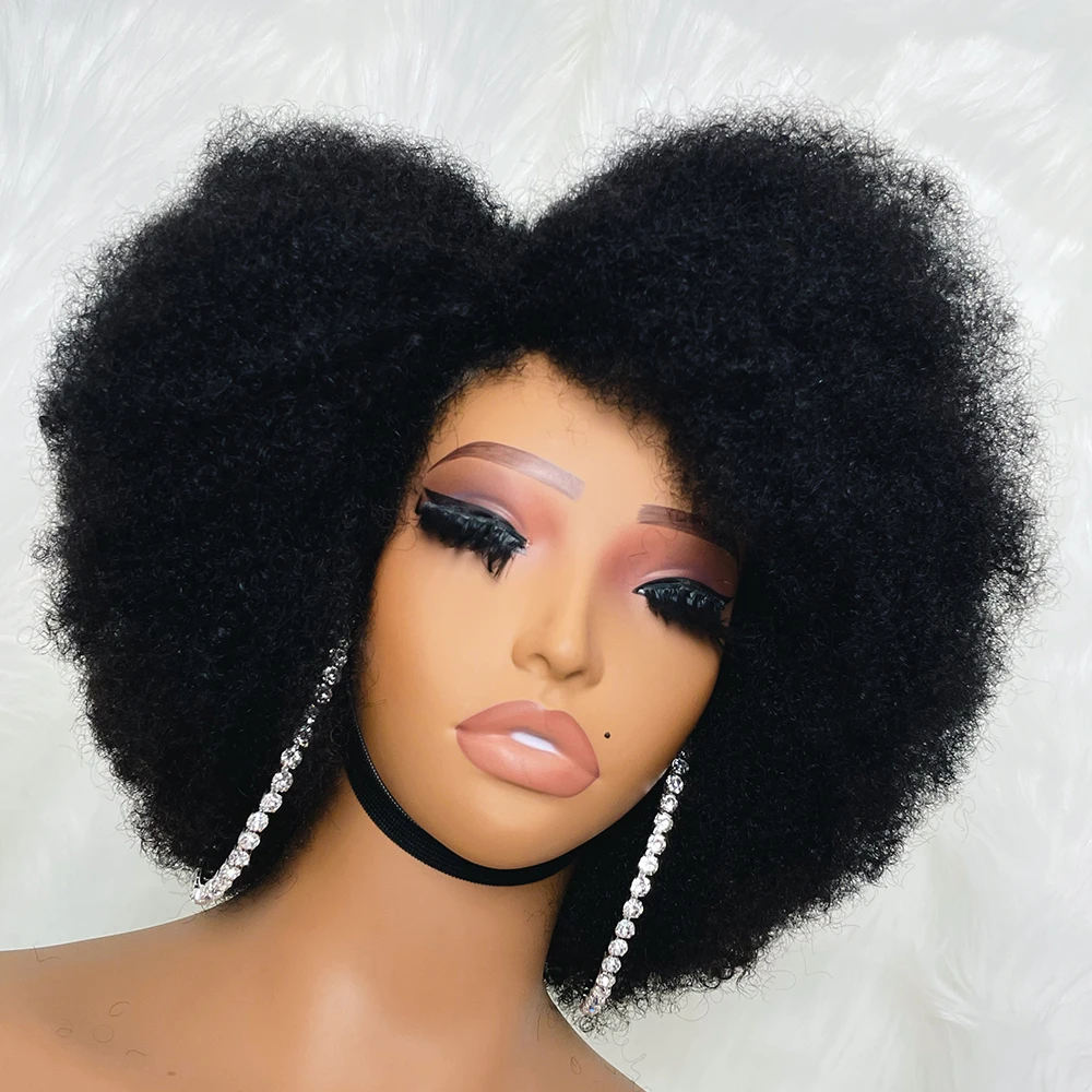 Afro Kinky Curly Lace Front Wig Natural Color Afro Bob Human Hair Natural Hairline 13X4X2 Glueless Short Human Hair Wigs