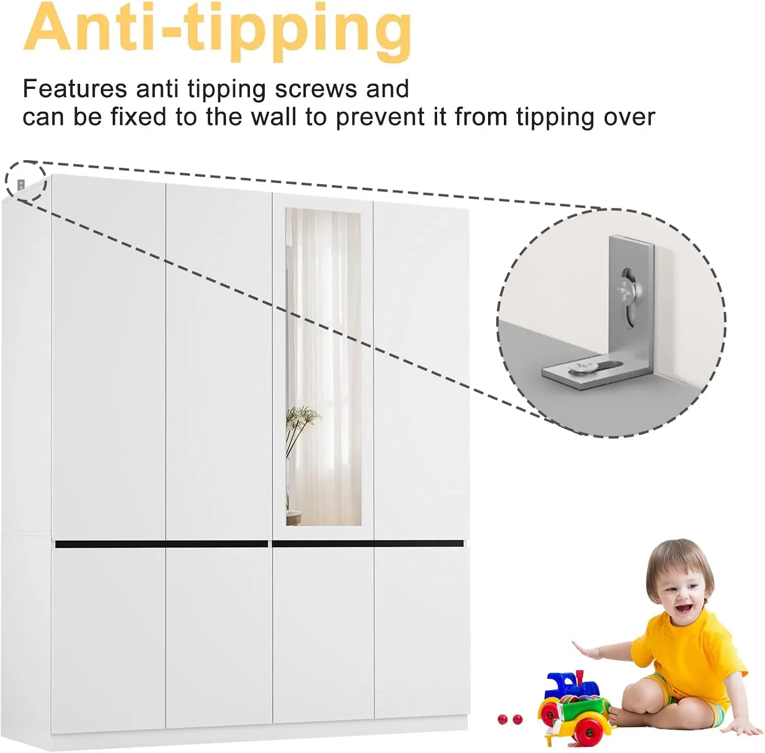 NEW 4 Doors Armoire Wardrobe Closet with Mirror, Wooden Bedroom Armoires with Hanging Rod, Freestanding Wardrobe Cabinet 6