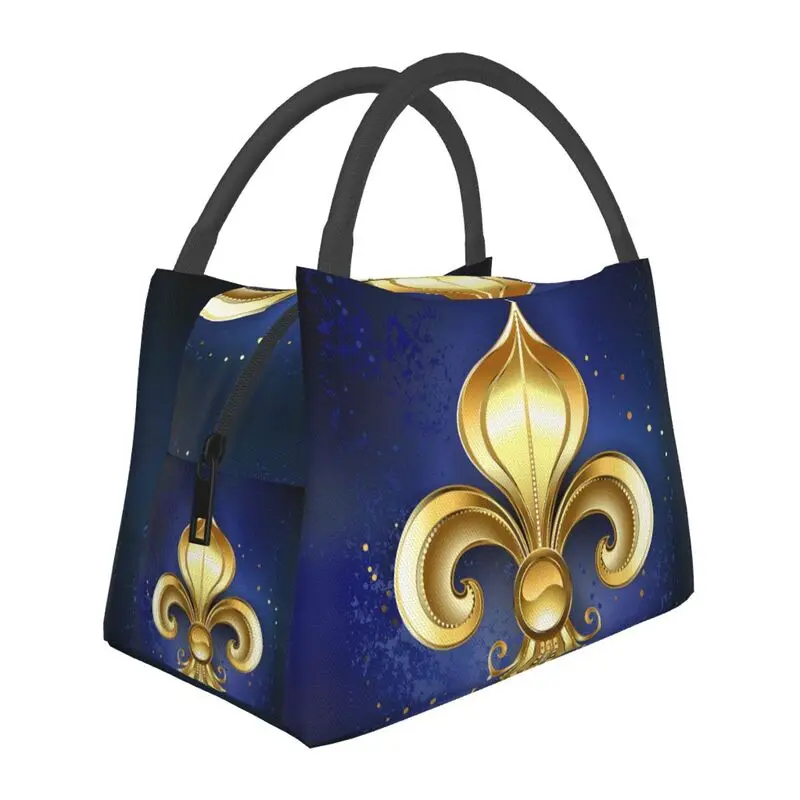 

Custom Gold Fleur De Lis Lunch Bags Women Cooler Warm Insulated Lunch Box for Picnic Camping Work Travel