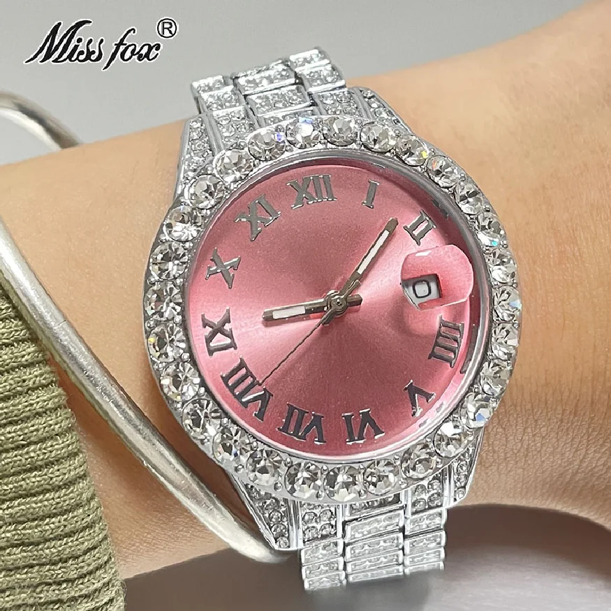 

Fashion Brand New Sliver Pink Watches Women Luxury Iced Out Wrist Watch Moissanite Full Steel AAA Jewelry Clocks Ladies Relojes