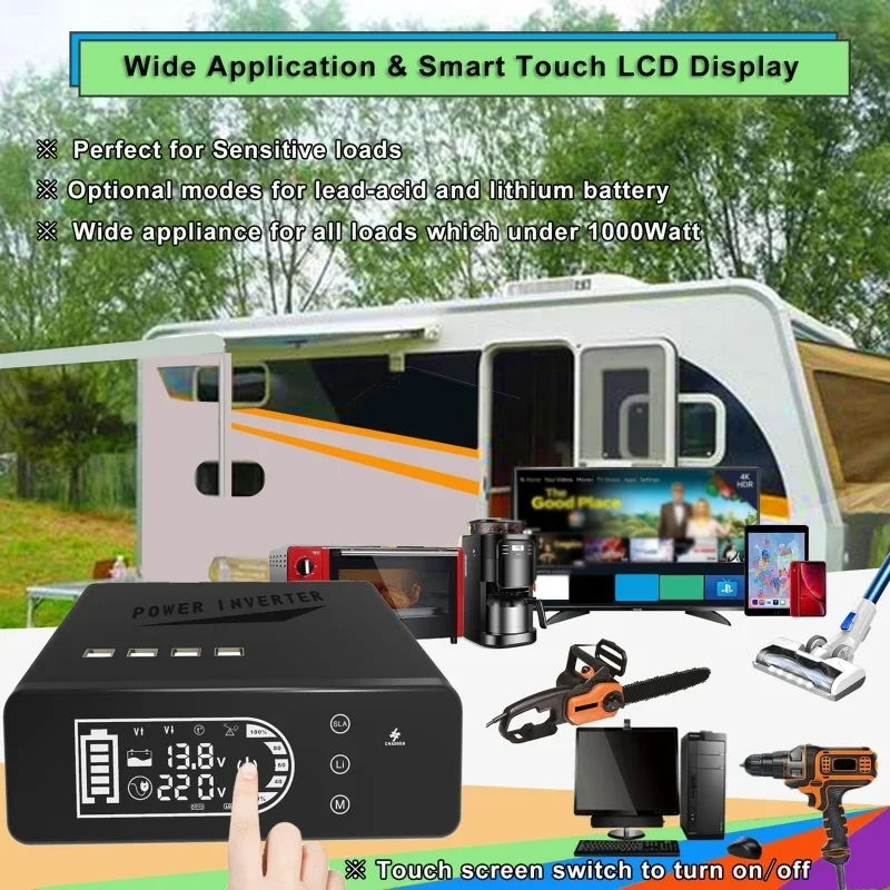 터치 스크린 LCD 듀얼 배터리 모드 USB 범용 플러그인 순수 사인파 인버터, 태양광 발전, 2000W, 12V 110V, 220V