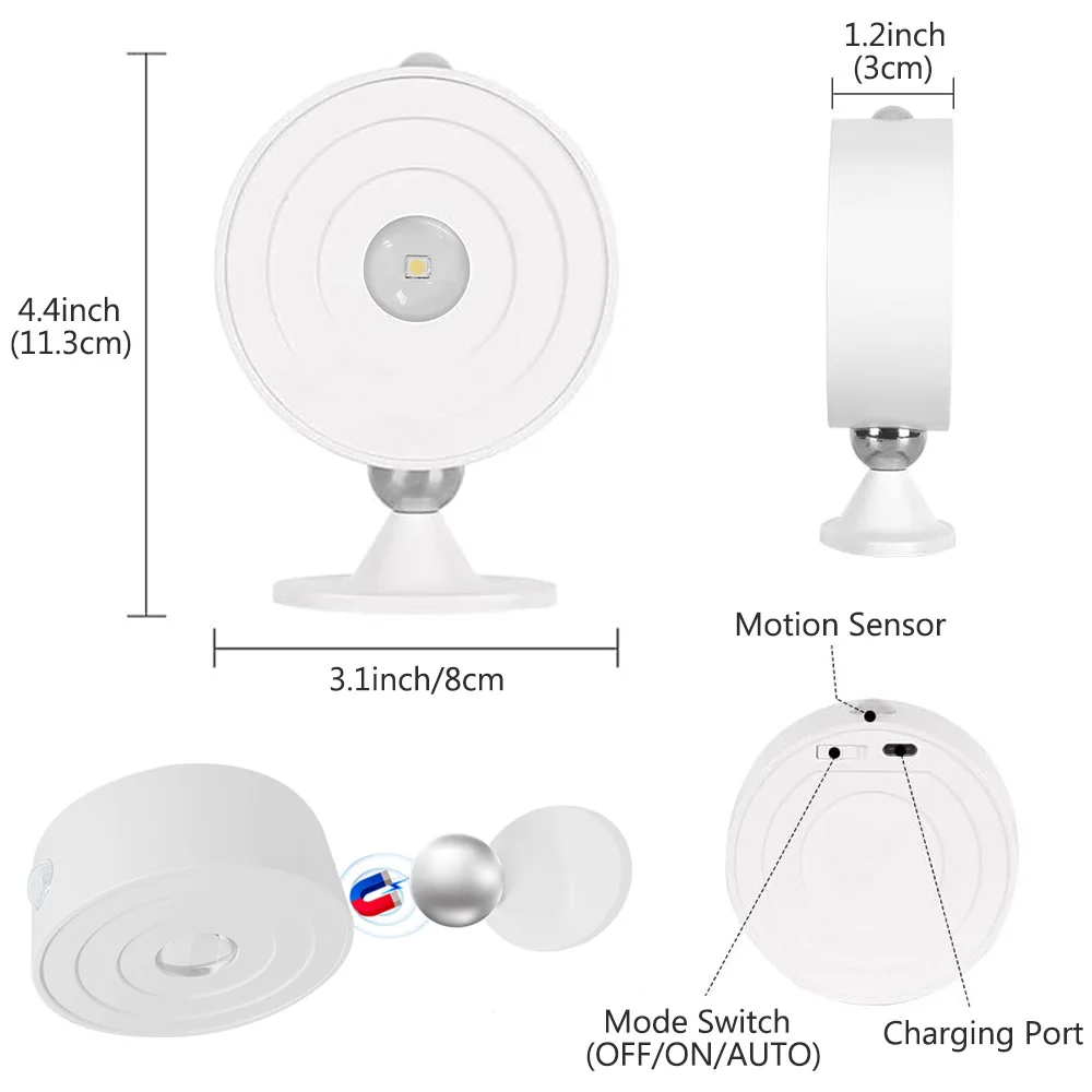 Rechargeable LED Wall Sconces Light Motion Sensor Wall Cordless Lights 360&deg; Rotatable Magnetic Reading Lamp For Indoor Bedroom