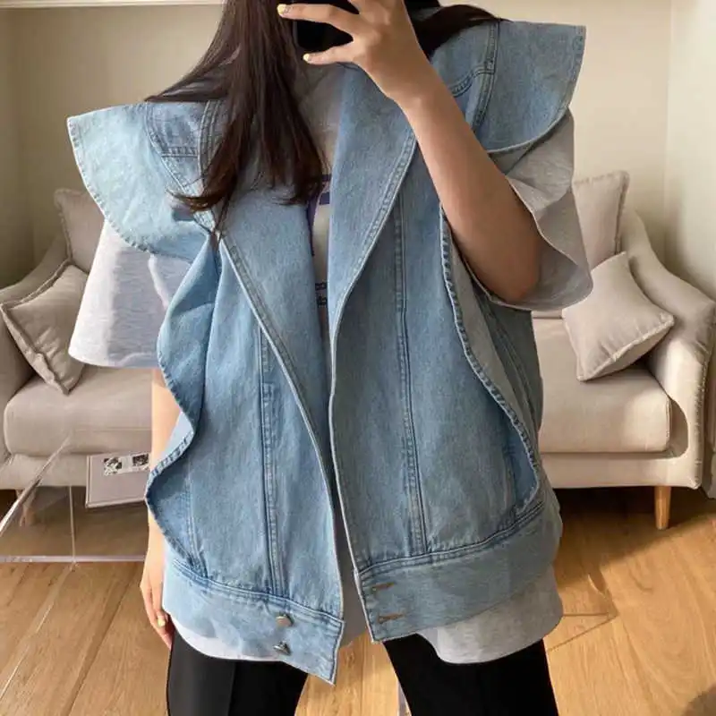 Women Ruffle Loose Blue Sleeveless Vest Jackets Korean Chic Spring Autumn Casual Lapel Solid Blue Trendy Ladies Waistcoats 2024 стул chic bluvel 06 blue каркас