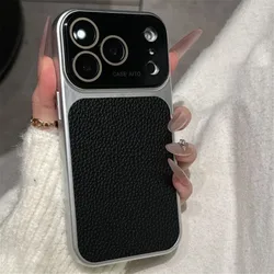 Luxury Lychee Textured Leather Phone Case with Lens Protection and Shockproof Bumper - iPhone 15 Plus (Black)