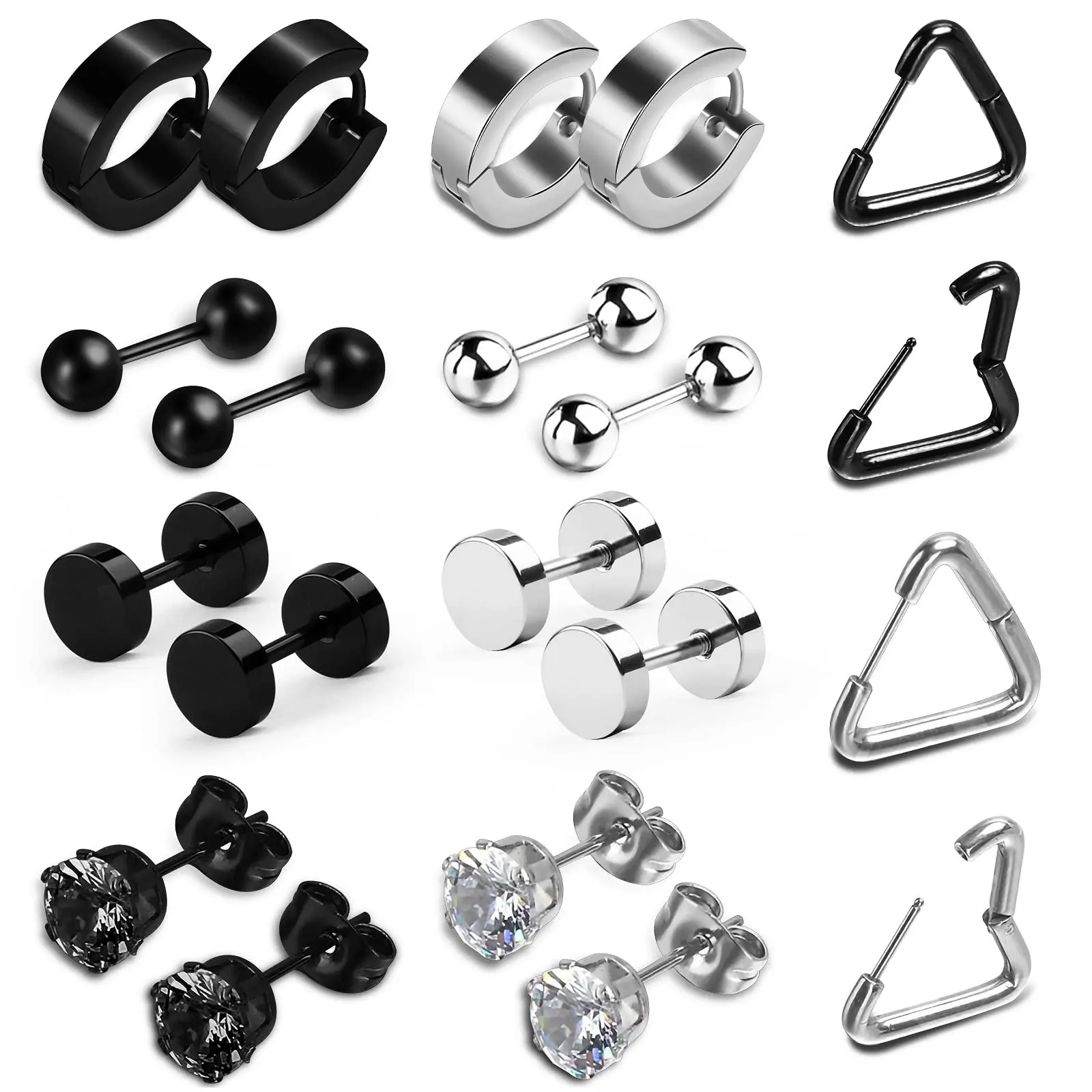 110PairsMensEarringsBlackandSilverStudEarringsStainlessSteel