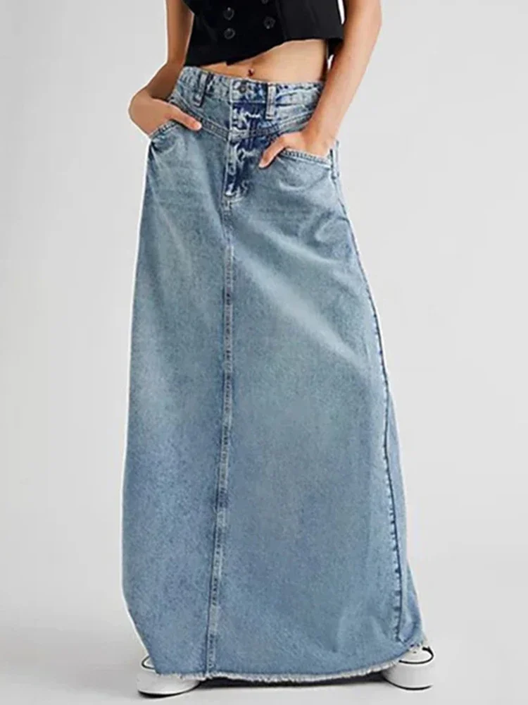 Vintage Blue Denim Skirt Women Autumn Elegant High Waist Long Skirts Ladies Fashion Casual Loose Slim A-line Pocket Jean Skirt find pocket note blue grid блокнот