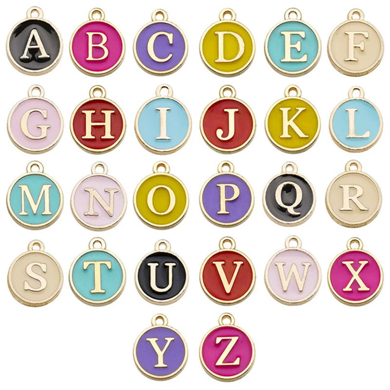 1pc Double-Sided Flat Round Alloy Letter Charms Enamel Charms Alphabet  Initial Letter Pendants For DIY Jewelry Making Wholesale