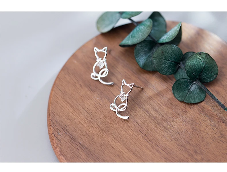 Classic Clear CZ Line Animal Cats Stud Earrings Romantic Female 925 Sterling Silver Jewelry For Women - PeticaDeals
