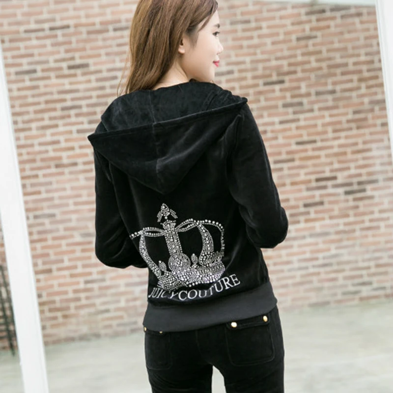 Autumn And Winter Velvet Suit Gold Velvet Sportswear Hooded Sweater With  Diamond Crown Embroidery Running Women's Wear - AliExpress