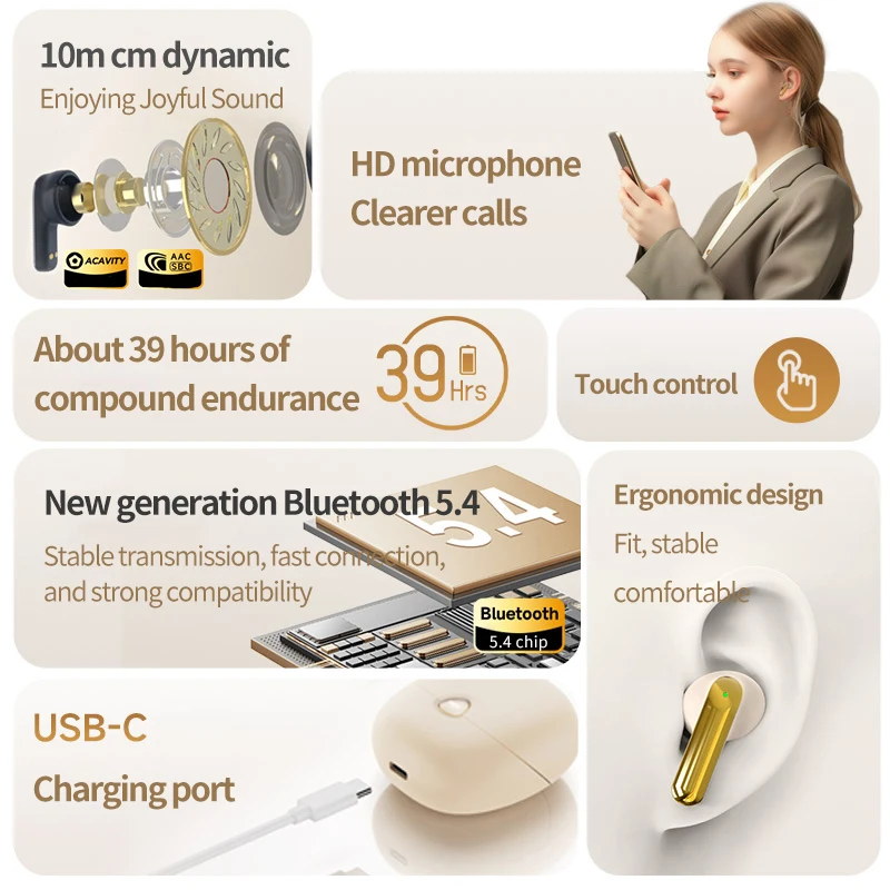 aigo TA51 ワイヤレスイヤホン ベージュ Aigo TA51 True Wireless Bluetooth 5.4 Earphones New In Ear