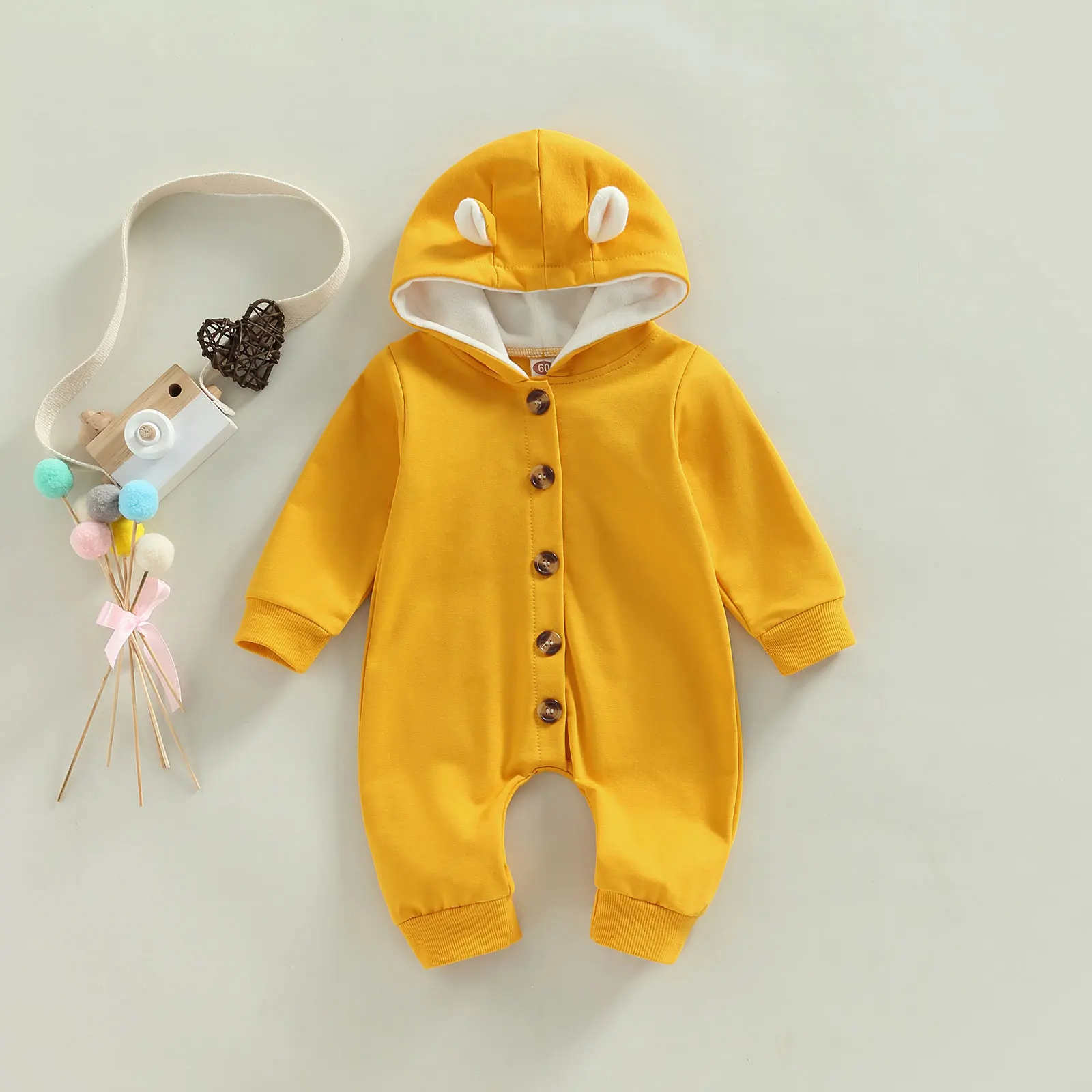 

Infant Baby Autumn Winter Jumpsuit Solid Color Long Sleeve Button Full-Length Rabbit Ear Hood Romper
