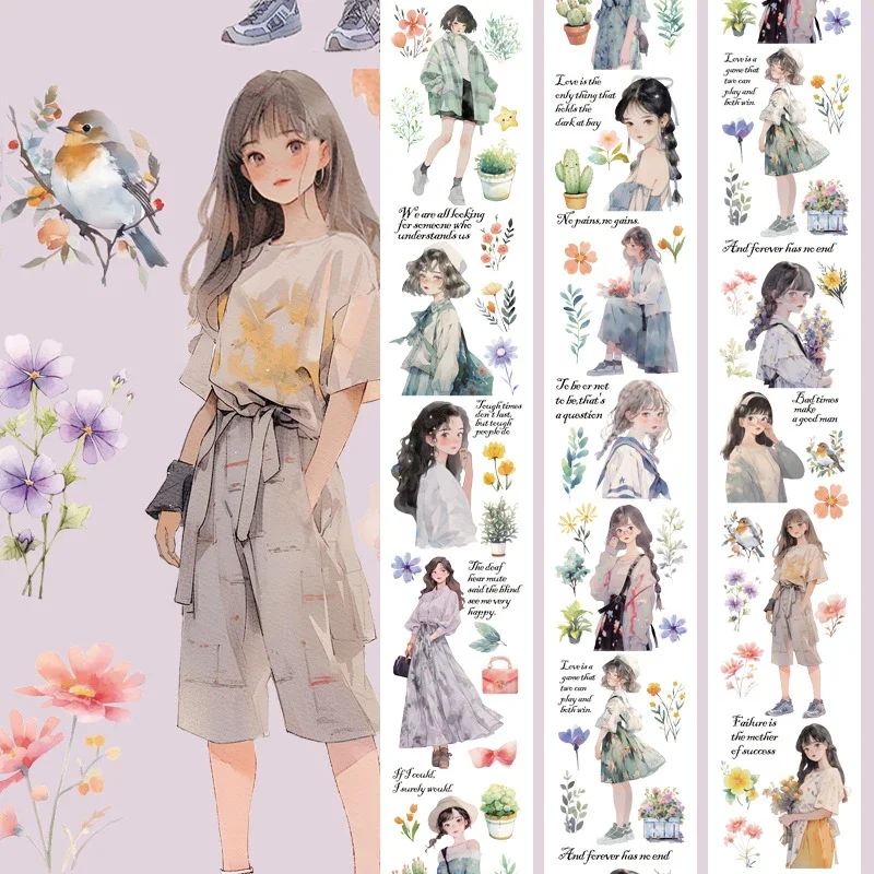 2m/Roll Girls Flower Washi Tape Scrapbooking Collage Material DIY Diary Decoration Transparent Vintage People Scrapbook Stickers