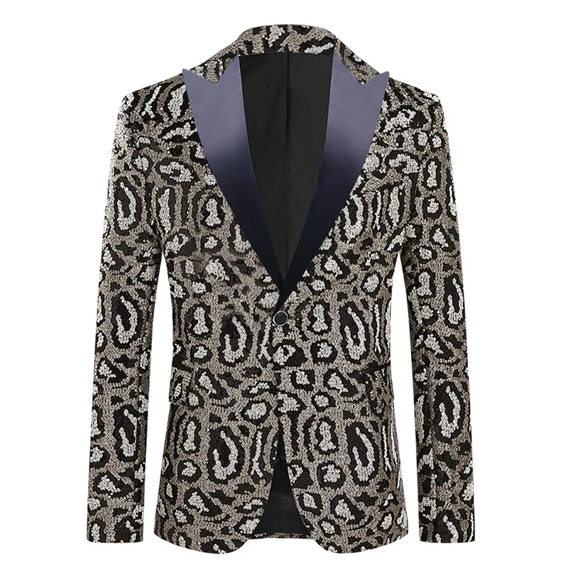 Sexy Leopard Sequins Suit Jackets Men 2023 Brand Peak Collar One Button Suit Blazers Mens Stage Prom Wedding Party Costume Homme 2
