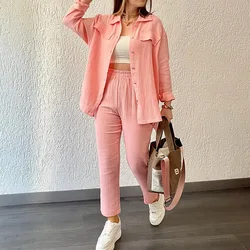 Summer Women's Clothes 2023 New Loose Button Long Sleeve Shirt and Cropped Pants Casual Sports Suit Fashion Casual Pants Set