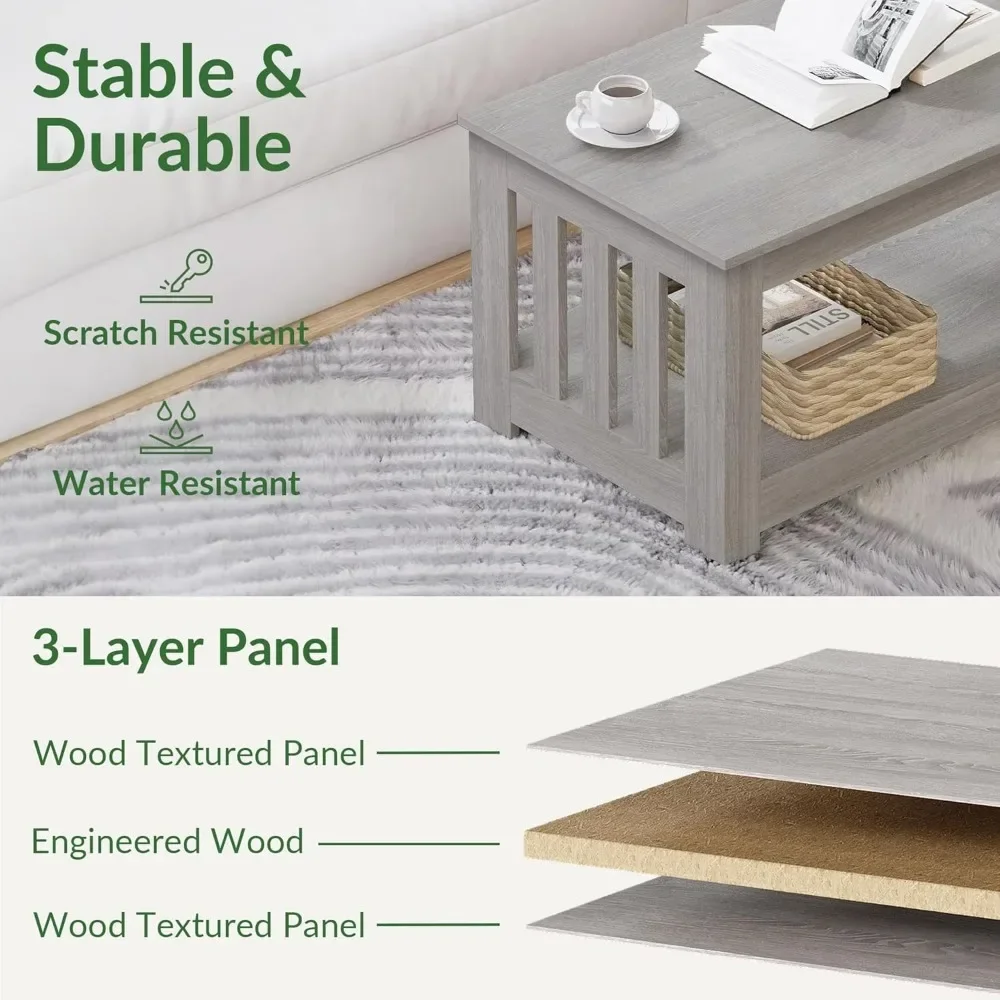 Wooden One Style Fits All Coffee Table-Gray Wash Coffee Table, 2-Tier Rectangular Unique Table for Living Room