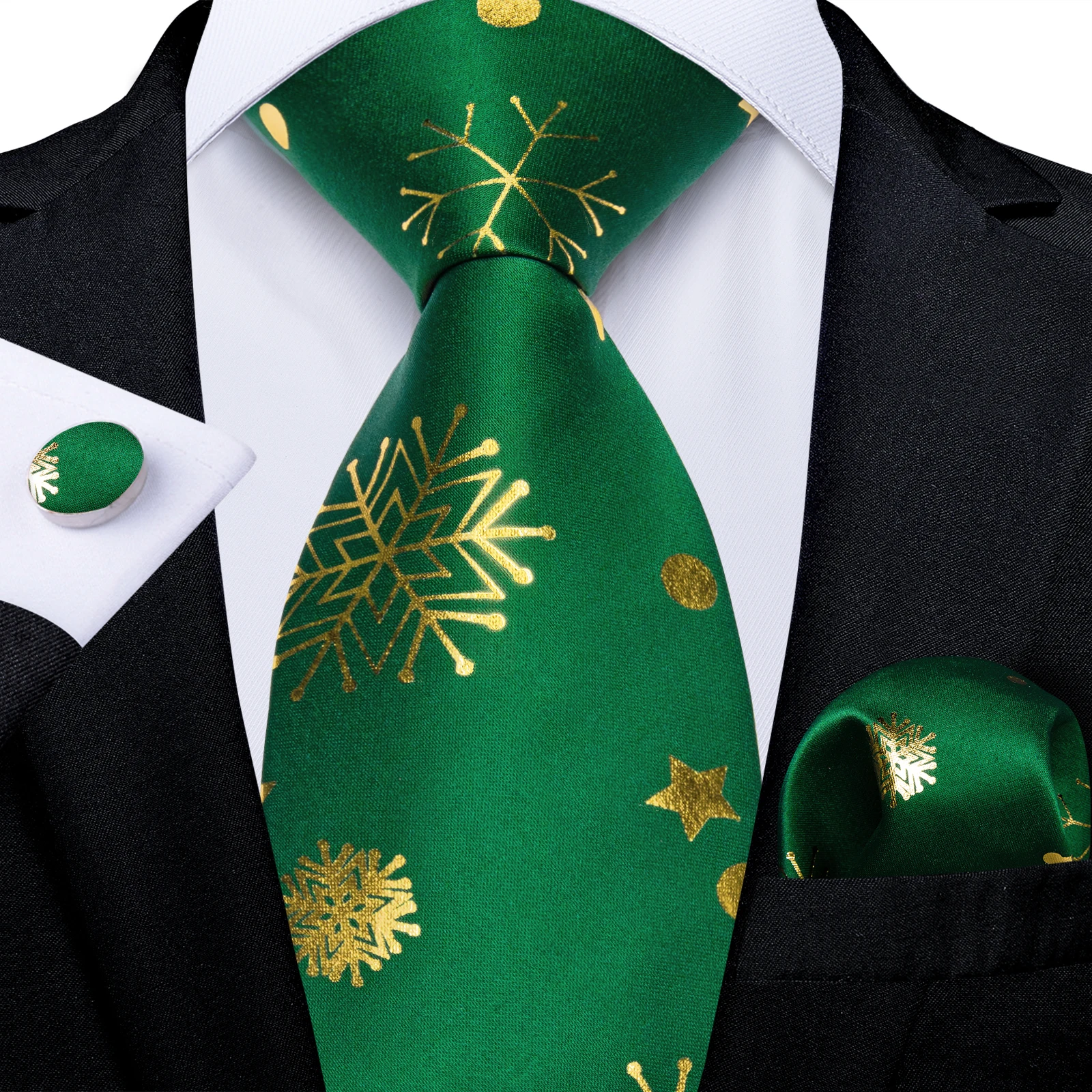 

Gold Snowflake Green Christmas Ties for Men Handkerchief Cufflinks Wedding Party Accessories 8cm Necktie Set Gift DiBanGu